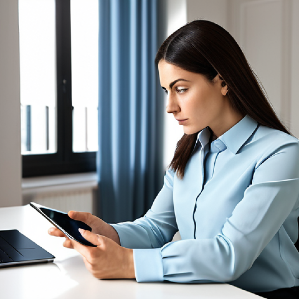 A focused Italian professional woman, fully clothed in a modest business blouse and trousers, sits at a modern desk in a well-lit home office. She is carefully examining content on a sleek tablet, her expression reflecting astute vigilance and wisdom. Her hand points subtly towards the screen, indicating a detail. The background is clean and uncluttered, with a subtle digital interface overlay hinting at online navigation and security symbols. The scene emphasizes awareness and protection against online threats, appropriate content, perfect anatomy, correct proportions, natural pose, well-formed hands, proper finger count, natural body proportions, professional photography, high quality, safe for work.