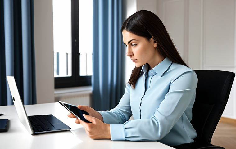 A focused Italian professional woman, fully clothed in a modest business blouse and trousers, sits at a modern desk in a well-lit home office. She is carefully examining content on a sleek tablet, her expression reflecting astute vigilance and wisdom. Her hand points subtly towards the screen, indicating a detail. The background is clean and uncluttered, with a subtle digital interface overlay hinting at online navigation and security symbols. The scene emphasizes awareness and protection against online threats, appropriate content, perfect anatomy, correct proportions, natural pose, well-formed hands, proper finger count, natural body proportions, professional photography, high quality, safe for work.