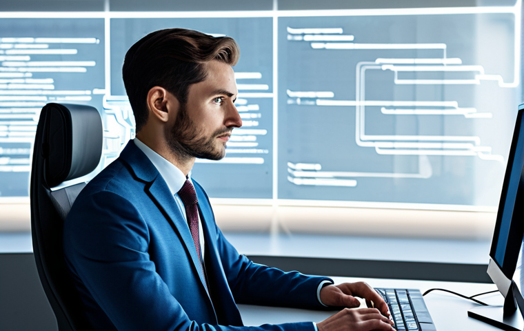 A professional, well-dressed individual, appearing thoughtful and slightly perplexed, seated at a modern desk, interacting with a transparent digital interface that displays complex algorithms and chatbot dialogues. The background is a clean, contemporary office space with subtle glowing lines representing data flow, suggesting the omnipresence of AI. The subject is fully clothed in modest professional attire, displaying perfect anatomy, correct proportions, and a natural pose. Well-formed hands are visible. High-resolution professional photography, appropriate content, safe for work, family-friendly.