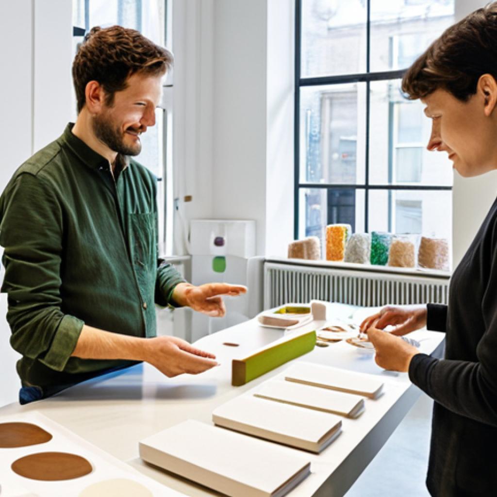 **

"A brightly lit, modern workshop interior showcasing designers collaborating on eco-friendly packaging. Tables are covered with samples of bioplastic materials, mushroom packaging, and product prototypes. Fully clothed professionals are discussing designs with enthusiasm. Natural light floods the space. Safe for work, appropriate content, fully clothed, professional, emphasizing innovative design and collaboration. Perfect anatomy, correct proportions, natural pose, well-formed hands, proper finger count, natural body proportions. High quality, detailed, photo-realistic."

**