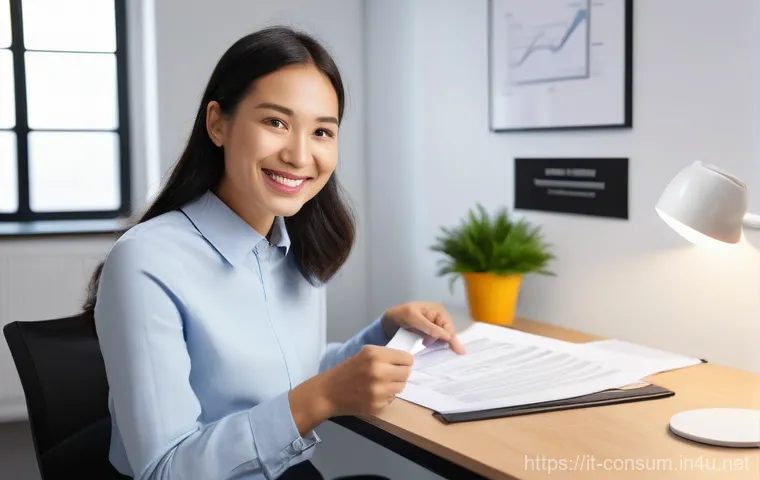 소비자 보호 관련 연구 논문과 사례 분석 - A bright, clean, and organized image focusing on an adult (30s-50s), wearing practical yet stylish c...