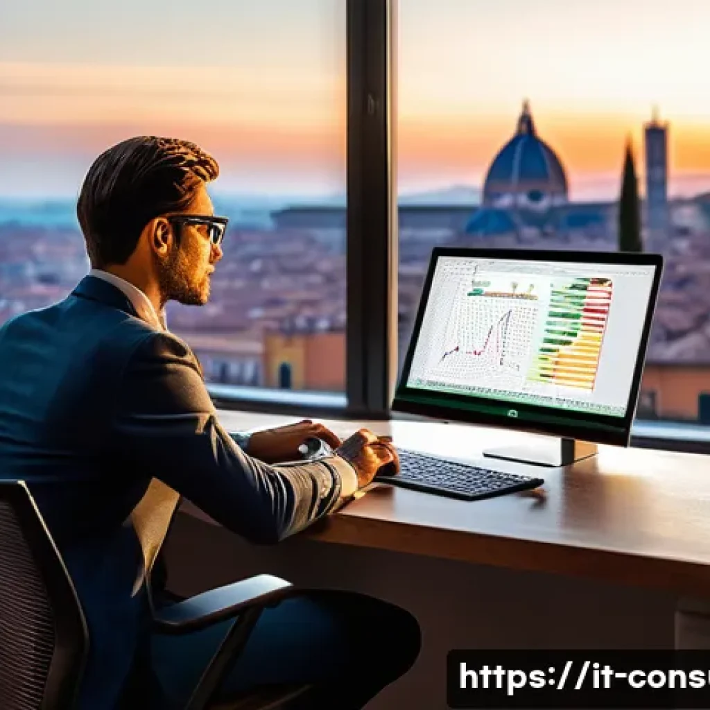 소비자전문기술사 실무 필수 도구 - A modern Italian office setting showcasing a professional consultant at a sleek desk working on a la...