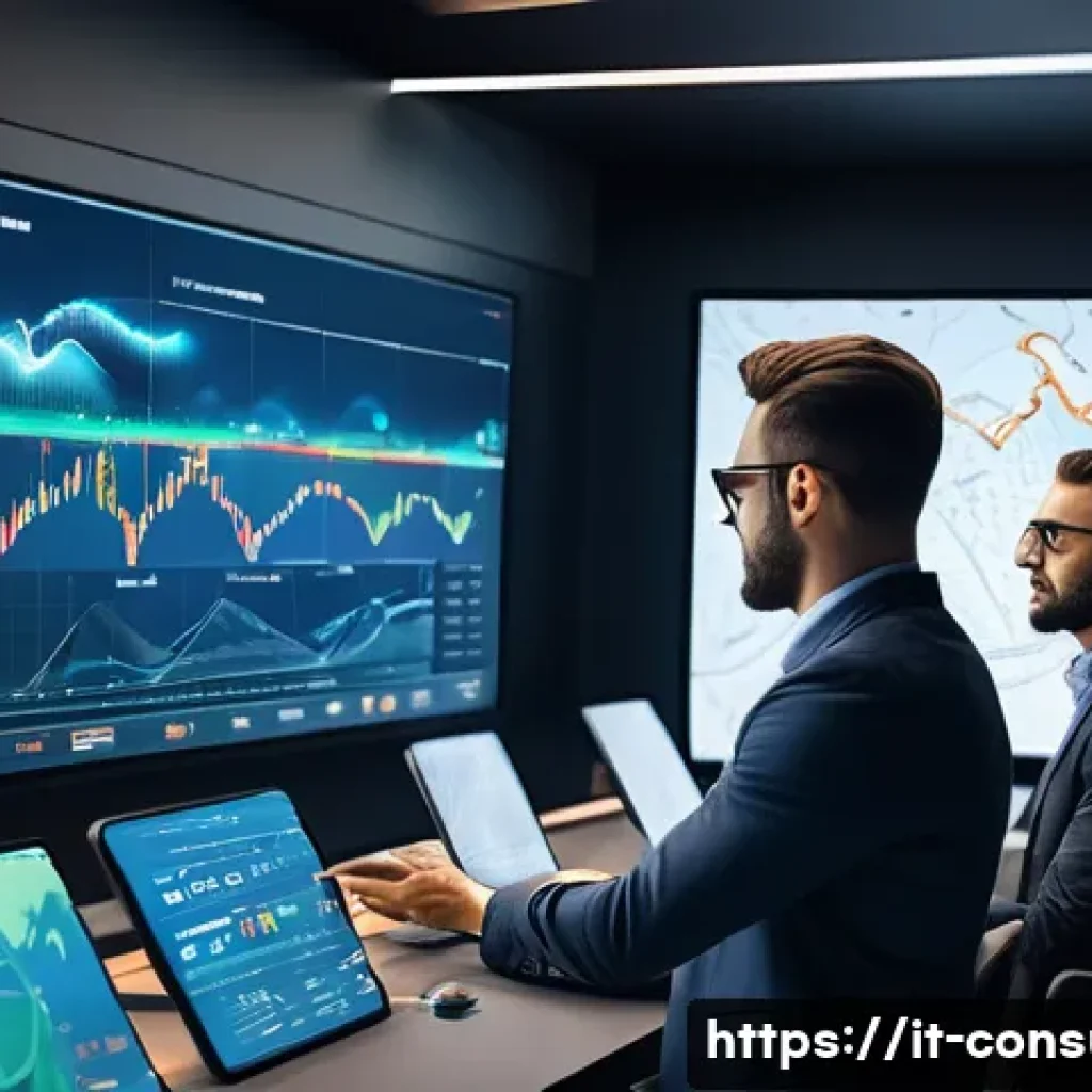 소비자 행동 데이터를 활용한 디지털 혁신 전략 연구와 분석 - A modern digital marketing control room scene with diverse Italian professionals analyzing large int...