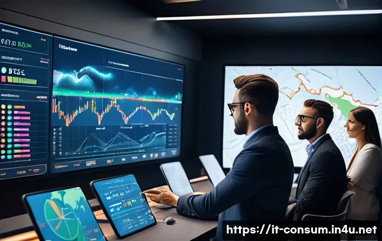 소비자 행동 데이터를 활용한 디지털 혁신 전략 연구와 분석 - A modern digital marketing control room scene with diverse Italian professionals analyzing large int...