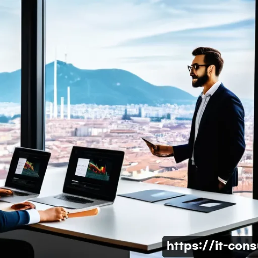 소비자중심 경영과 디지털 혁신의 연계 전략 - A modern Italian office environment showing a diverse marketing team collaborating over digital data...