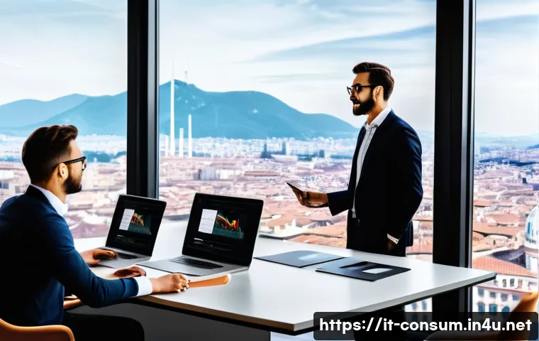 소비자중심 경영과 디지털 혁신의 연계 전략 - A modern Italian office environment showing a diverse marketing team collaborating over digital data...