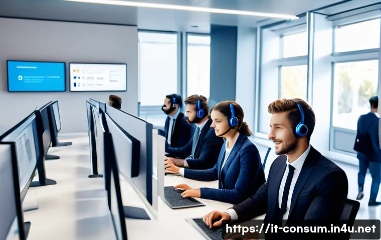 소비자 보호와 윤리적 경영 - A modern Italian customer service center featuring diverse employees attentively engaging with clien...
