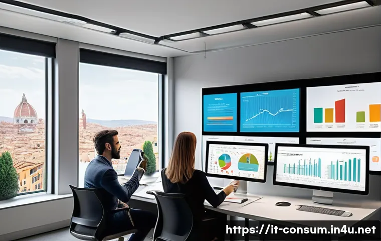소비자 행동 데이터 분석을 통한 마케팅 혁신 - A sophisticated modern office environment showing a diverse group of Italian marketing professionals...