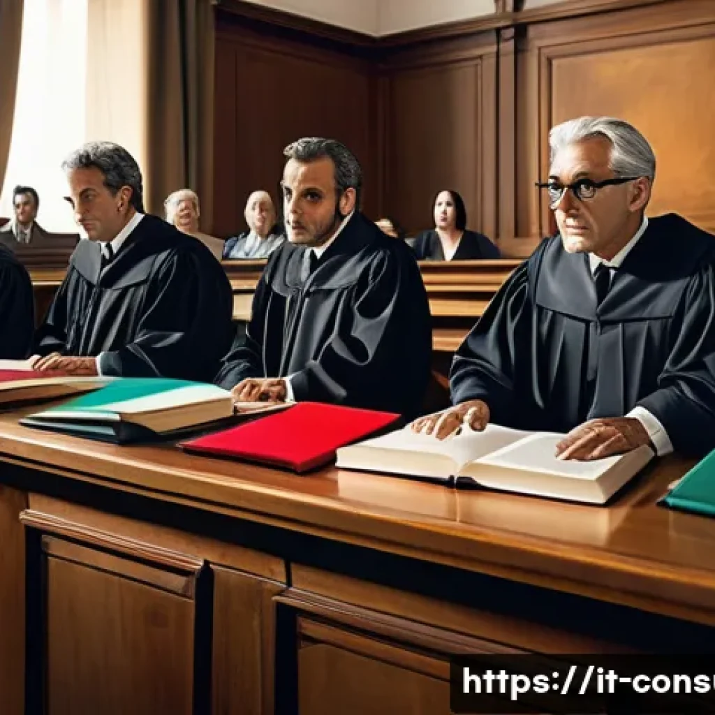 소비자 보호법 관련 판례 연구 - A professional Italian courtroom scene focused on consumer protection law, featuring a judge in trad...