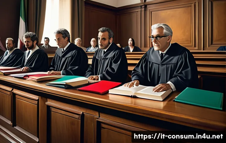 소비자 보호법 관련 판례 연구 - A professional Italian courtroom scene focused on consumer protection law, featuring a judge in trad...