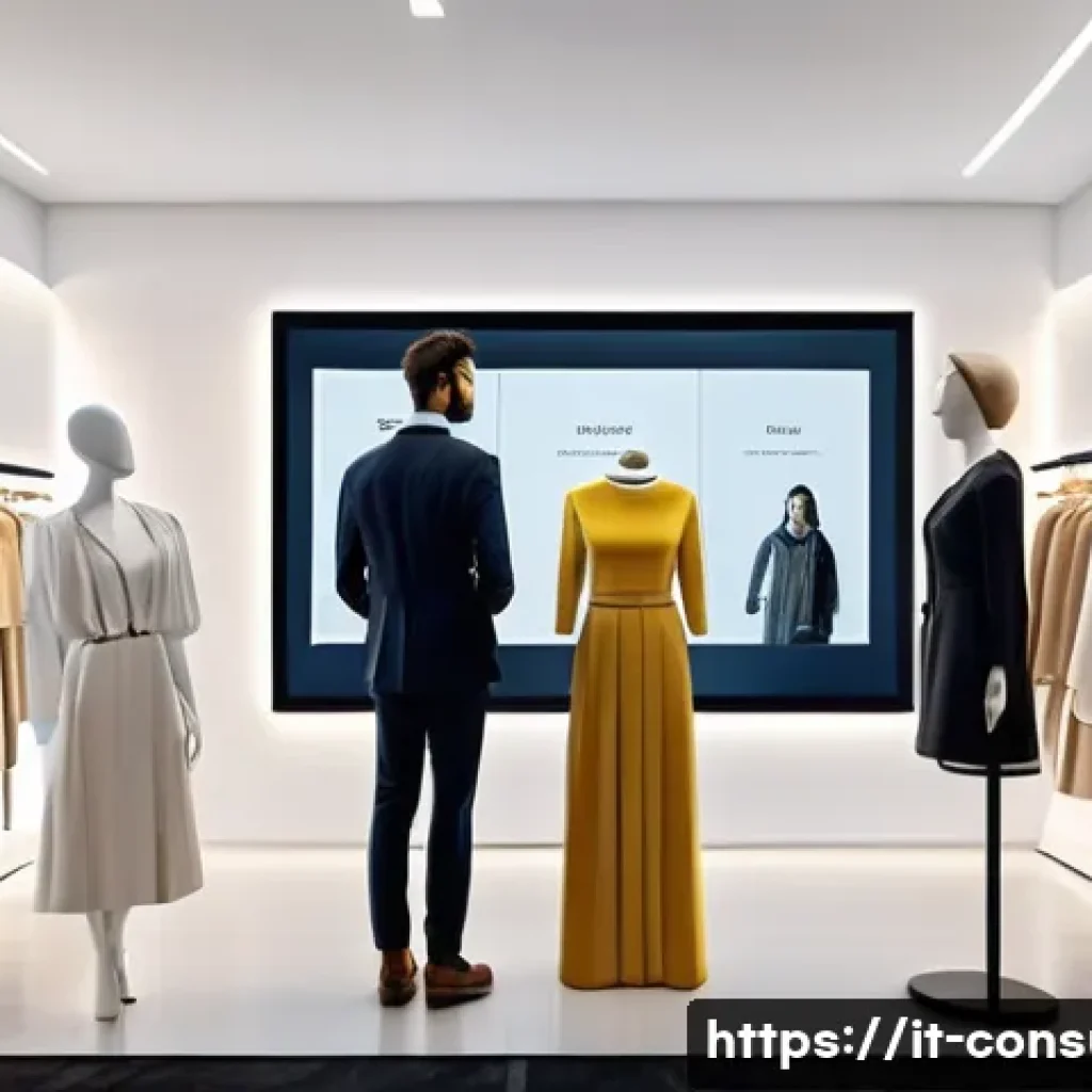 소비자 행동 데이터와 디지털 혁신 사례 - A modern Italian boutique clothing store interior with diverse customers interacting with AI-powered...