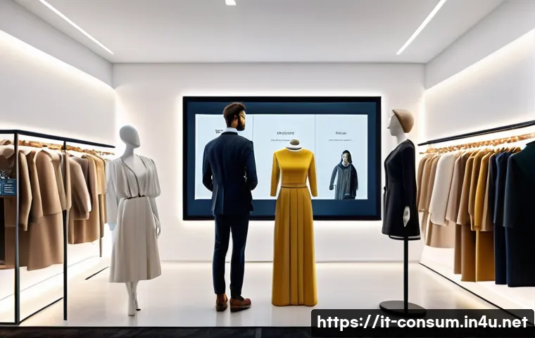 소비자 행동 데이터와 디지털 혁신 사례 - A modern Italian boutique clothing store interior with diverse customers interacting with AI-powered...