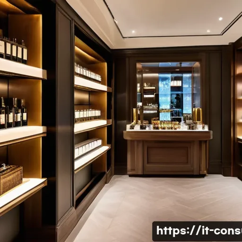 소비자 심리학 기본 개념 - A sophisticated Italian luxury boutique interior, warmly lit with elegant wooden shelves and display...