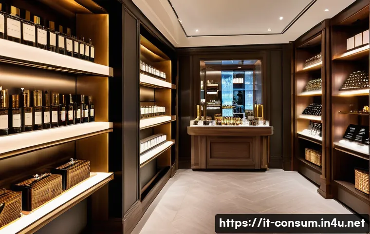 소비자 심리학 기본 개념 - A sophisticated Italian luxury boutique interior, warmly lit with elegant wooden shelves and display...