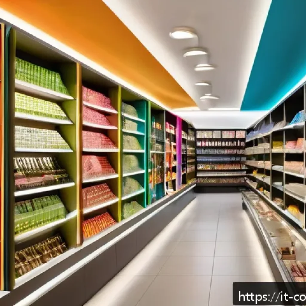 소비자 행동 연구와 응용 사례 - A vibrant retail store interior in Italy featuring colorful packaging on shelves, soft ambient light...