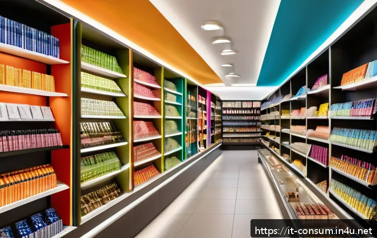 소비자 행동 연구와 응용 사례 - A vibrant retail store interior in Italy featuring colorful packaging on shelves, soft ambient light...