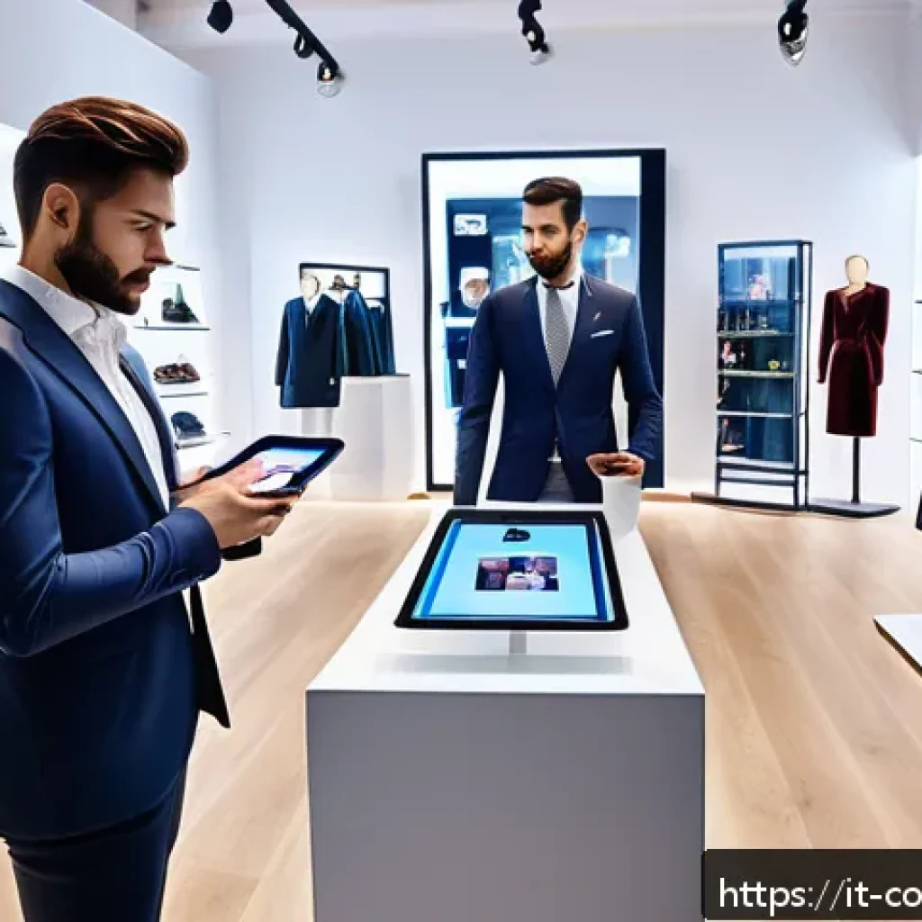 소비자중심 경영 사례 연구와 성공 요인 탐구 - A modern Italian fashion store interior featuring diverse customers using augmented reality apps on ...