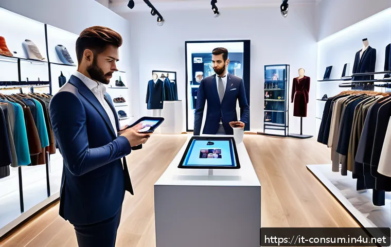 소비자중심 경영 사례 연구와 성공 요인 탐구 - A modern Italian fashion store interior featuring diverse customers using augmented reality apps on ...