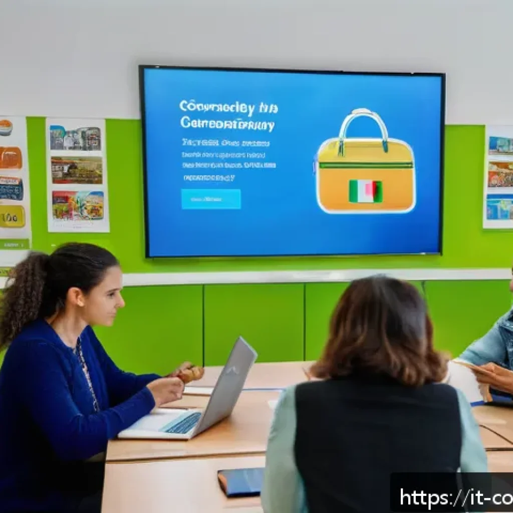 소비자 보호와 관련된 교육 자료 개발 - A modern digital classroom scene set in Italy, showing diverse adult learners engaging with interact...