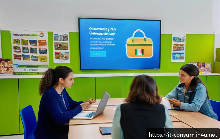 소비자 보호와 관련된 교육 자료 개발 - A modern digital classroom scene set in Italy, showing diverse adult learners engaging with interact...