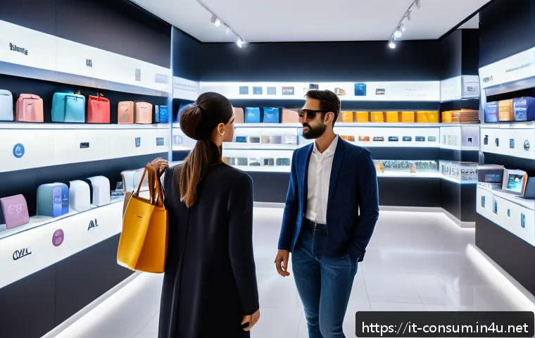 소비자중심 경영을 통한 시장 경쟁력 강화 - A modern Italian retail store interior showcasing an immersive augmented reality shopping experience...