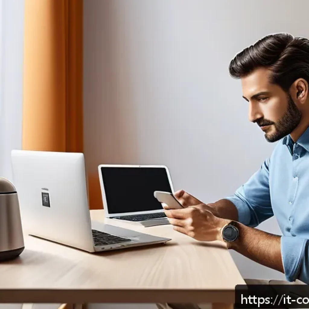 소비자 보호와 관련된 주요 이슈 분석 - A modern Italian consumer at home, sitting at a sleek desk with a laptop and smartphone, actively en...