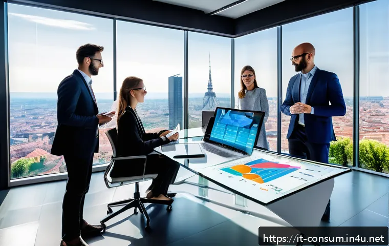 소비자 행동 데이터 활용과 경쟁력 향상 - A modern Italian marketing office scene focused on a team analyzing dynamic customer segmentation da...