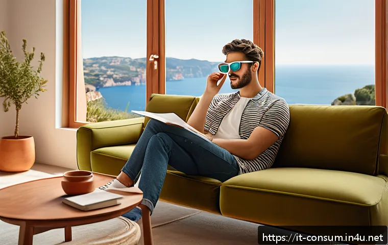 소비자 행동 분석과 디지털 시대의 변화 - A modern Italian living room featuring a young adult using augmented reality glasses to visualize a ...