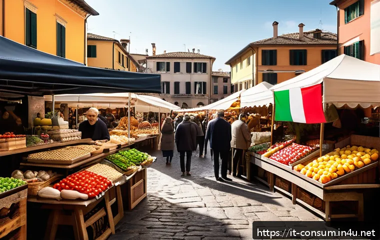 소비자 행동 데이터를 활용한 전략 개발 - A sophisticated Italian market scene during a festive event, showcasing diverse consumers engaging w...
