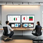 Home 23 소비자중심 경영과 디지털 혁신의 연계 전략 연구와 분석 - A modern Italian digital marketing office scene featuring diverse professionals collaborating around...