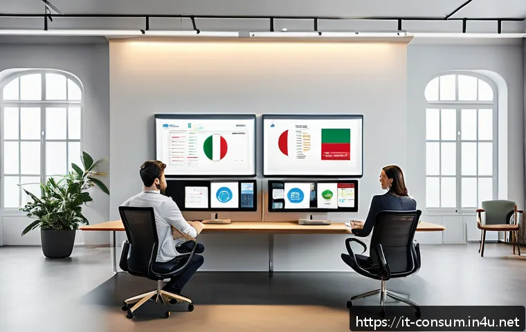 소비자중심 경영과 디지털 혁신의 연계 전략 연구와 분석 - A modern Italian digital marketing office scene featuring diverse professionals collaborating around...